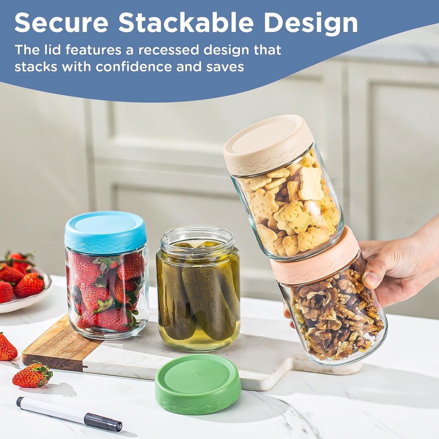 DRKIO 16 Oz Overnight Oats Containers with Lids - 4 Pack Glass Storage Jars with Airtight Lids Wide Mouth Mason Food Jars Great for Meal Prep Salad Chia Pudding Snacks Yogurt Sugar Spice Cereal