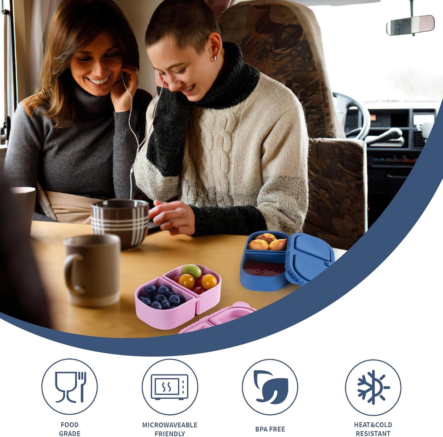 MACTANO 8.5 OZ Silicone Snack Container, 4 Sets Double Compartment Reusable Snack Box with Lids for Sauce