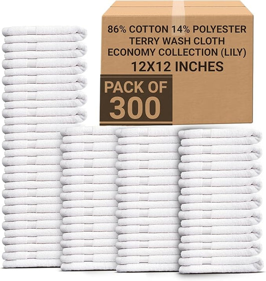 300-Pack Economy Washcloths Bulk (12x12) – White Poly Cotton Face Cloths – Commercial-Grade Cleaning Rags – Soft, Absorbent & Quick-Dry Towels for Hotels, Spas, Gyms & Hospitality Use