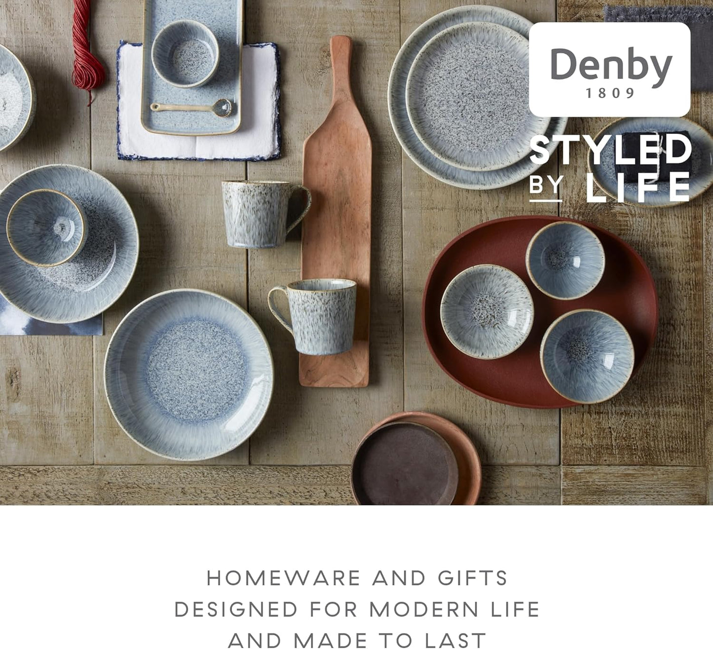 Denby - Halo Speckle Salad Plates Set of 6-8.25 Inch Dishwasher Microwave Oven Safe - Scratch Chip Resistant Lunch, Appetizer, Dessert Plates - Grey, Neutral, Blue Ceramic Stoneware Dinnerware Set