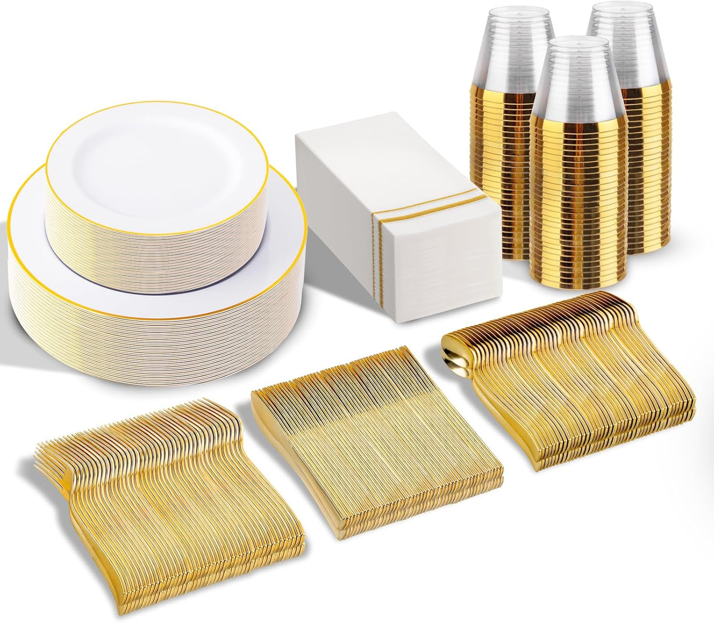 SUT 350 PCS Elegant White and Gold Disposable Dinnerware Set - Premium Dinner & Salad Plates, Cups, Napkins & Cutlery for 50 Guests - All-Inclusive Party Plastic Plates
