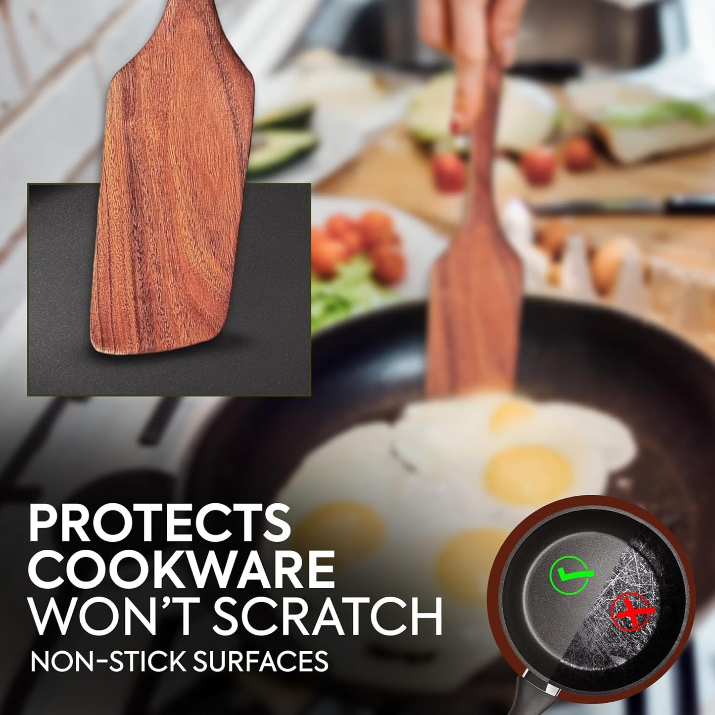 Wooden Spatulas for Cooking - Wooden Kitchen Utensil Set of 4 including Paddle, Slotted Spatula, Frying Spatula, Wood Turner for Nonstick pans - Teak cooking utensils set for Apartment Essentials