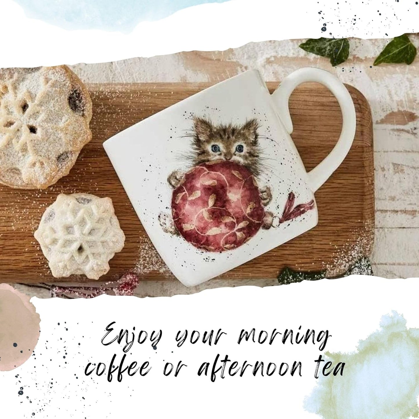 Royal Worcester Purrfect Christmas Mug & Coaster Set - 11 oz Fine Bone China Holiday Mug Set with Woodland Creatures - Wrendale Designs Christmas Coffee Mugs, Microwave & Dishwasher Safe