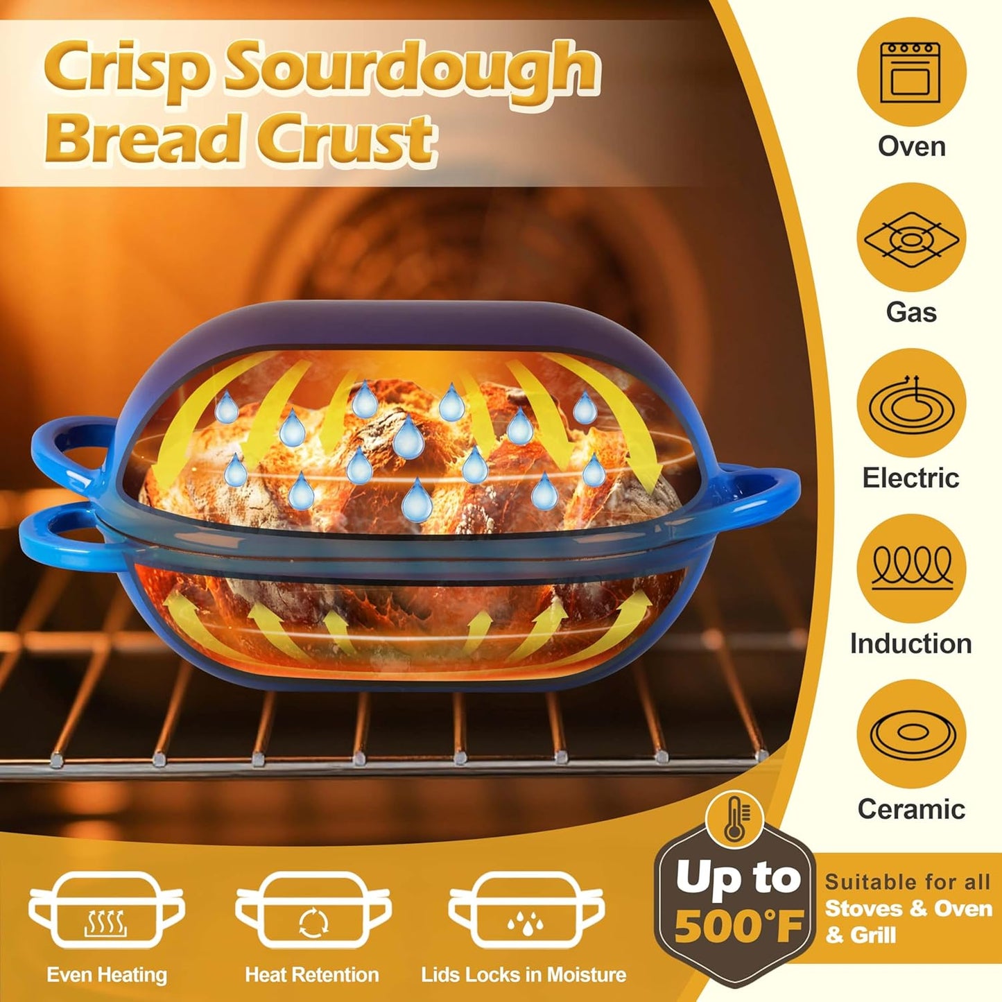 Homikit Enameled Cast Iron Dutch Oven for Bread Baking, 2.8 QT Oval Bread Oven Pot with Lid, Sourdough Loaf Iron Dutch Oven Pan for Roasting Cooking, Blue & Heavy Duty