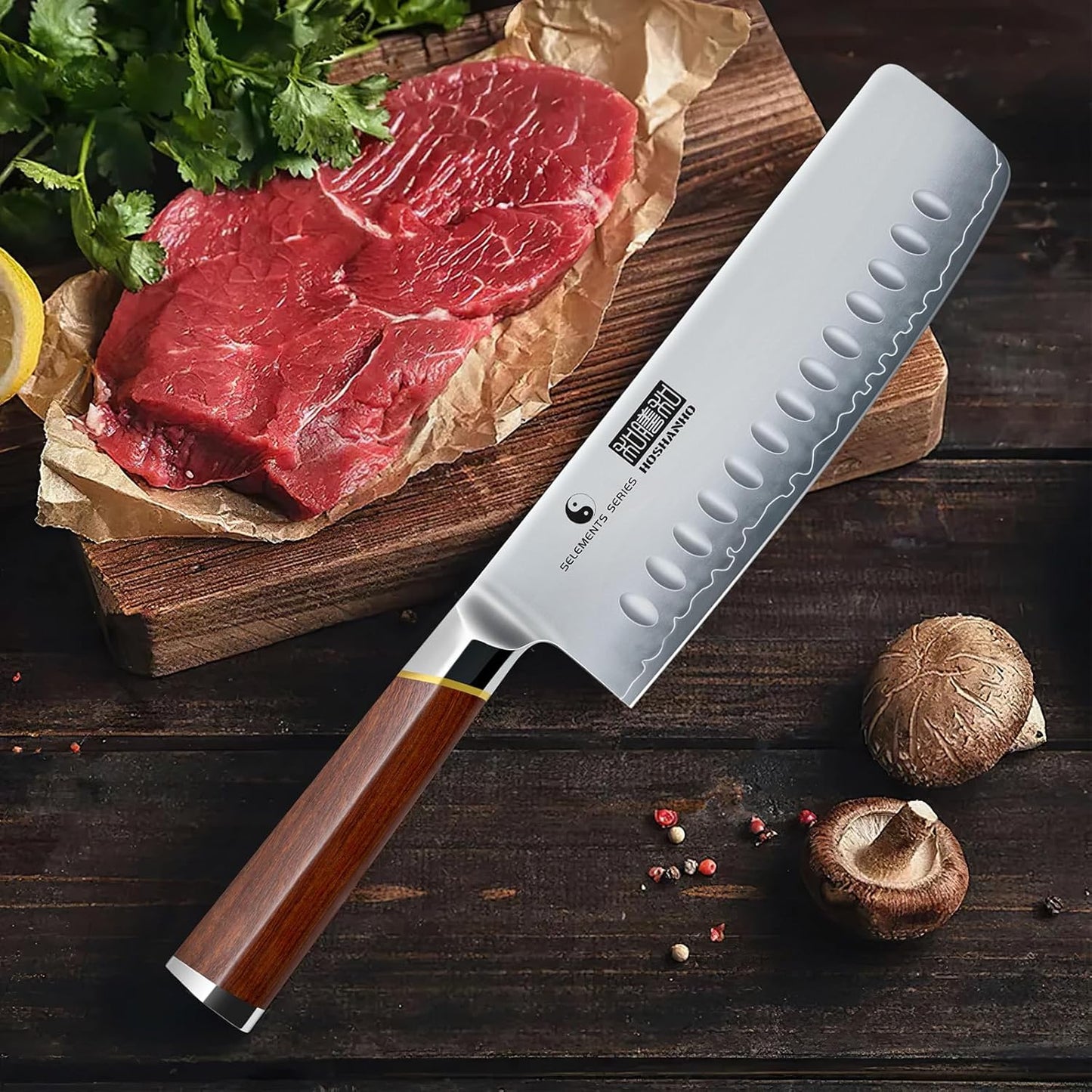 HOSHANHO Nakiri Knife 7 Inch, Hand Forged Japanese High-corbon Steel Chef Knife, Multipurpose Meat and Vegetable Kitchen Knife with Red Sandal Wooden Handle & Gift Box