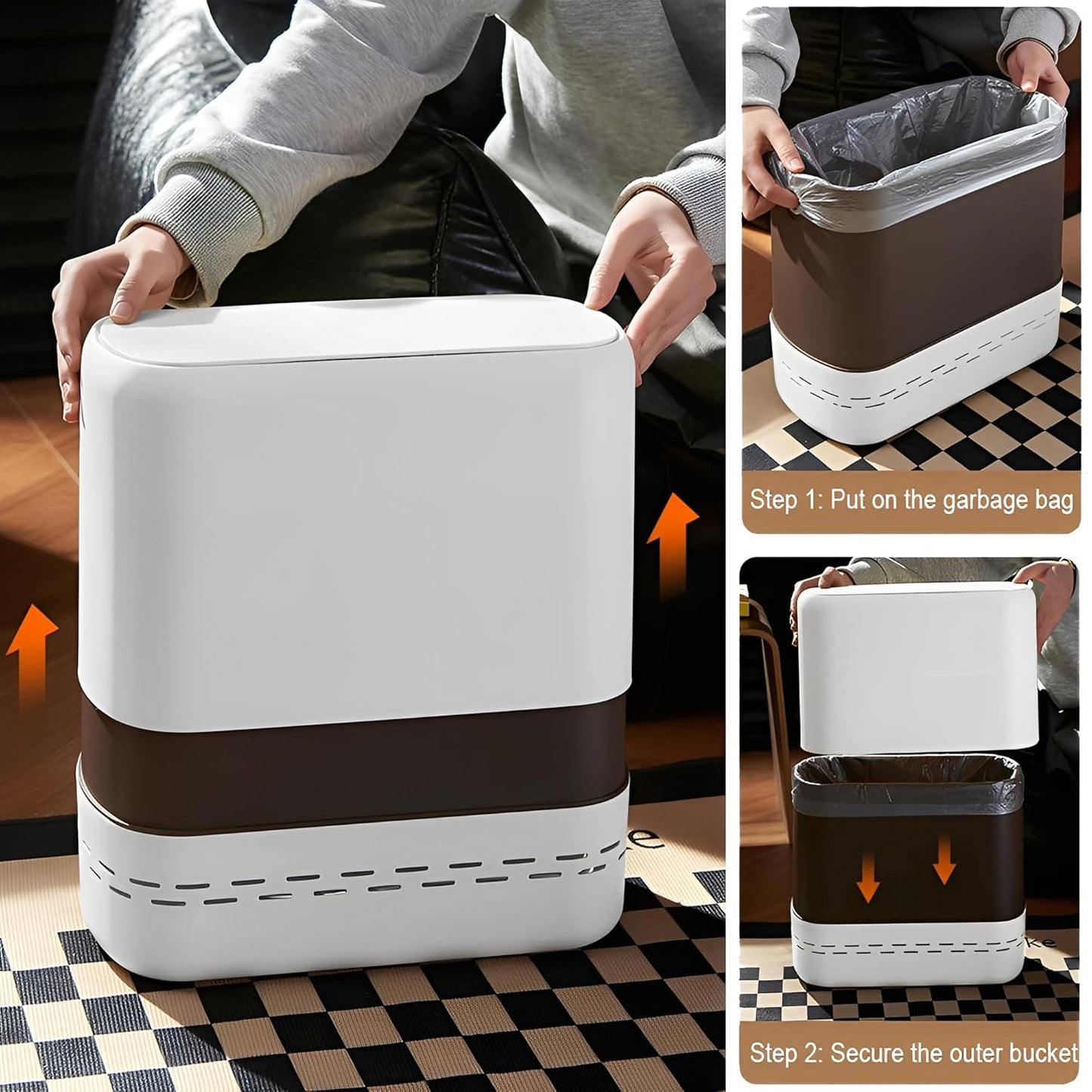 Sooyee Bathroom Trash Can with Lid, 2.4 Gallon Slim Trash Bin, Small Plastic Waste Basket, 10 L Narrow for Bedroom, Kitchen, Office, White