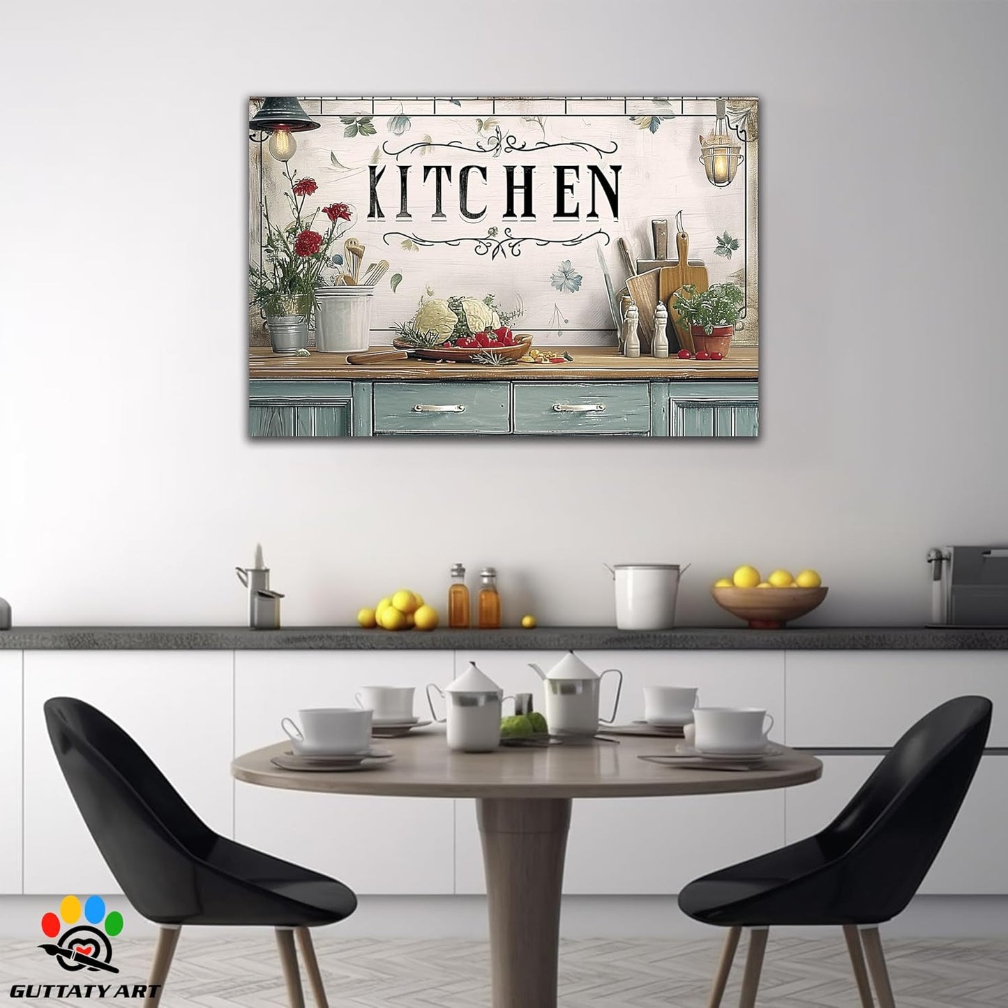 GUTTATY Kitchen Pictures Wall Decor, Farmhouse Wall Art Decor Flowers And Kitchen Utensils Painting for Dinning Room Restaurant Decor, Mother's Day Gift for Grandma Mom Hanging Artwork 28×40 Inch