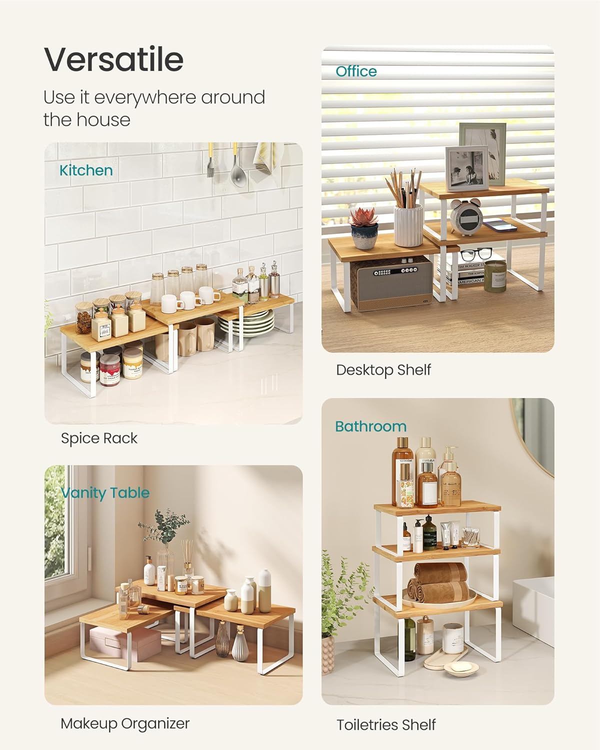 SONGMICS Cabinet Organizer Shelf, Set of 3 Kitchen Counter Shelves, Kitchen Storage, Spice Rack, Stackable, Expandable, Cloud White and Natural Beige UKCS014YL02