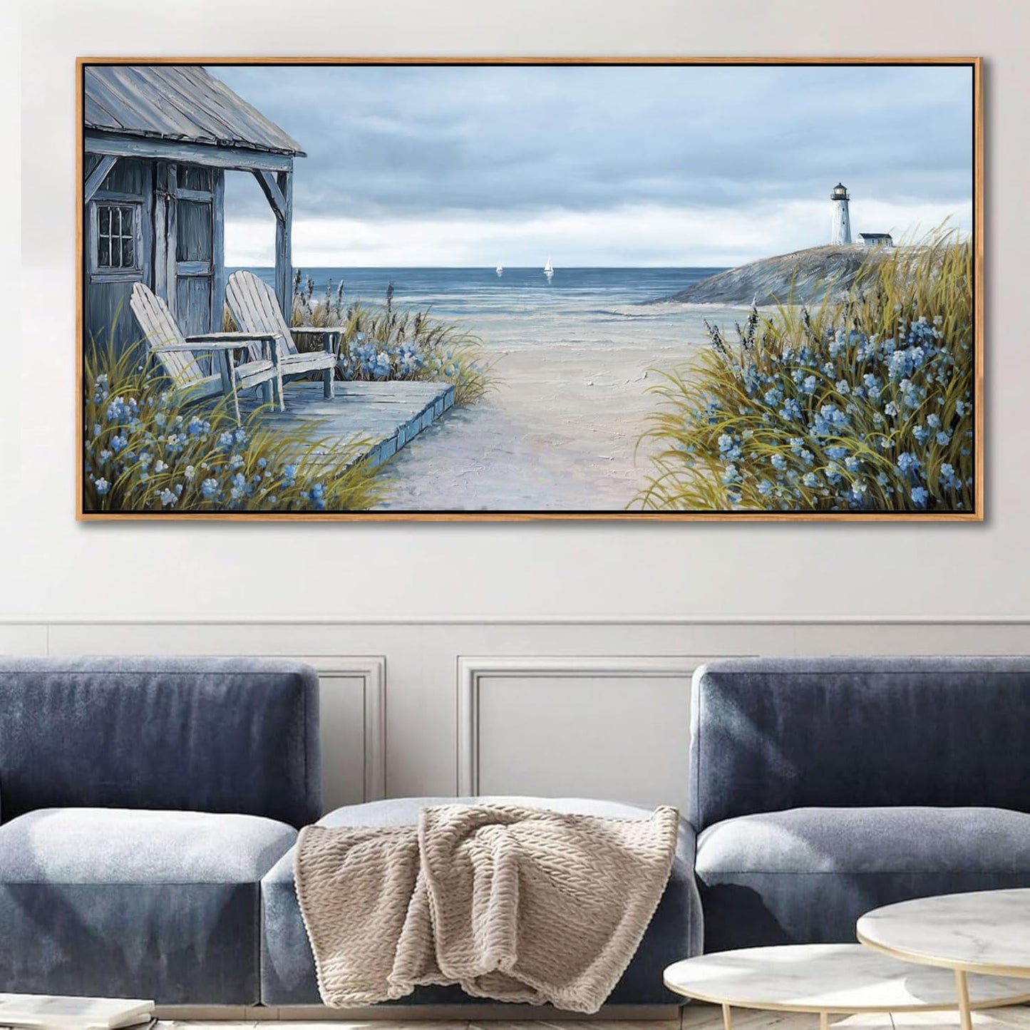 Coastal Wall Art for Living Room - Framed Vintage Wall Decor & Seascape Bedroom Beach Wall Decor | Ocean with Beach Pictures | Canvas Artwork for Home Decor Farmhouse 29×58IN