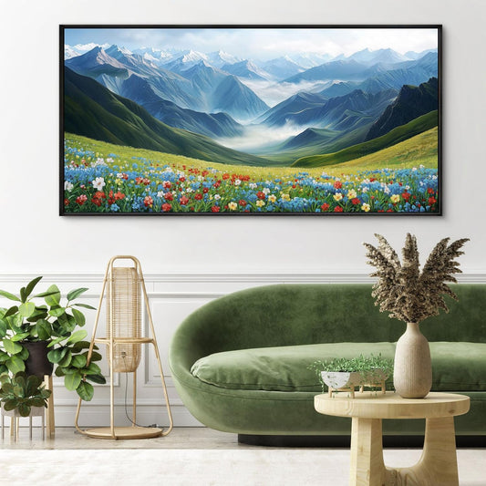 KLAKLA Mountain Wall Art - Large Landscape Living Room Wall Decor Rustic Wild Daisies Misty Forest Snowy Mountains Canvas Picture Framed Artwork for Walls - 58x29 Inches