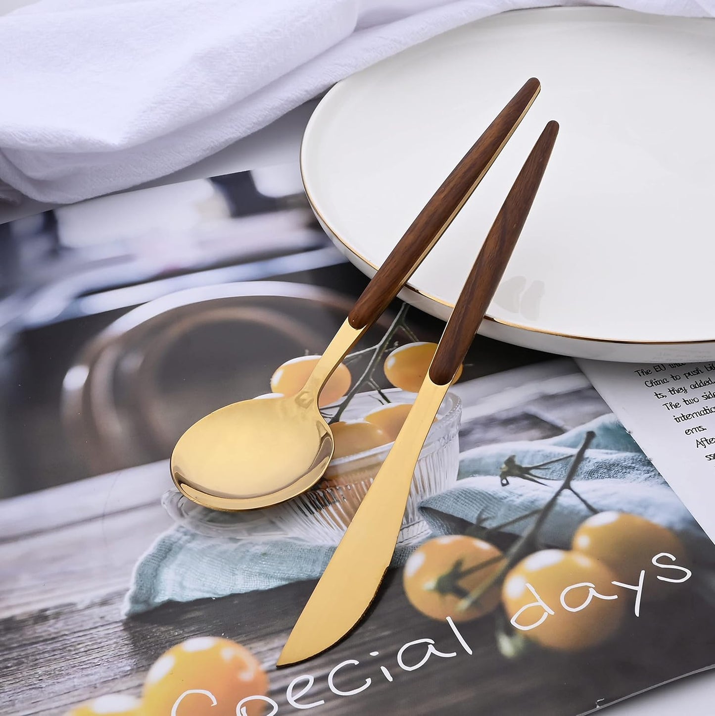 24-Piece Silverware Set for 6, Gold Mirror Polished Stainless Steel Flatware Set, Wooden Effect Handle Utensil Set for Home Hotel Restaurant, Family Cutlery Set Include Knife Fork Spoon