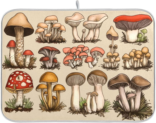 Retro Types and Shapes Mushrooms Dish Drying Mat for Kitchen Counter Super Absorbent Dishes Pad Reversible Microfiber Protector Dish Draining Mats 16x18 inch