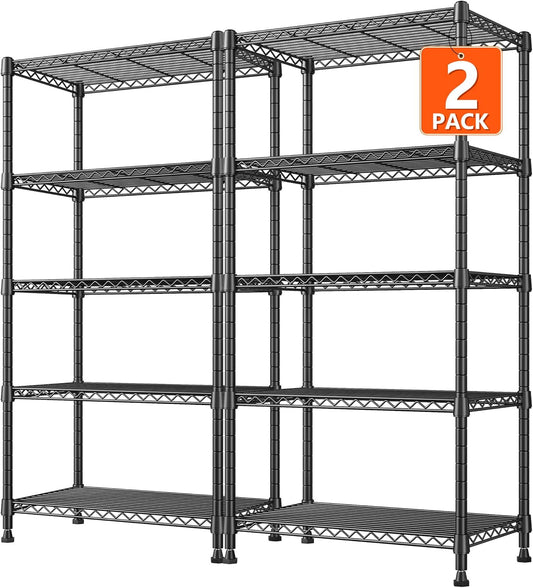 REIBII 1000LBS Wire Shelving Unit, 5 Tier Adjustable Metal Storage Shelves for Kitchen Pantry Office Steel Organizer Wire Rack for Narrow Space, 13.4" D x 23.2" W x 60" H, Black,2PCS