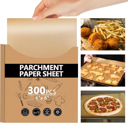 300PCS Thickened Precut Parchment Paper Sheets, 6×6 In Non-Toxic Burger Paper Sheet，Heavy Duty Burger Patty Paper for Baking, Grilling, Seperating Patty, Comes in Convenient Packaging, Brown