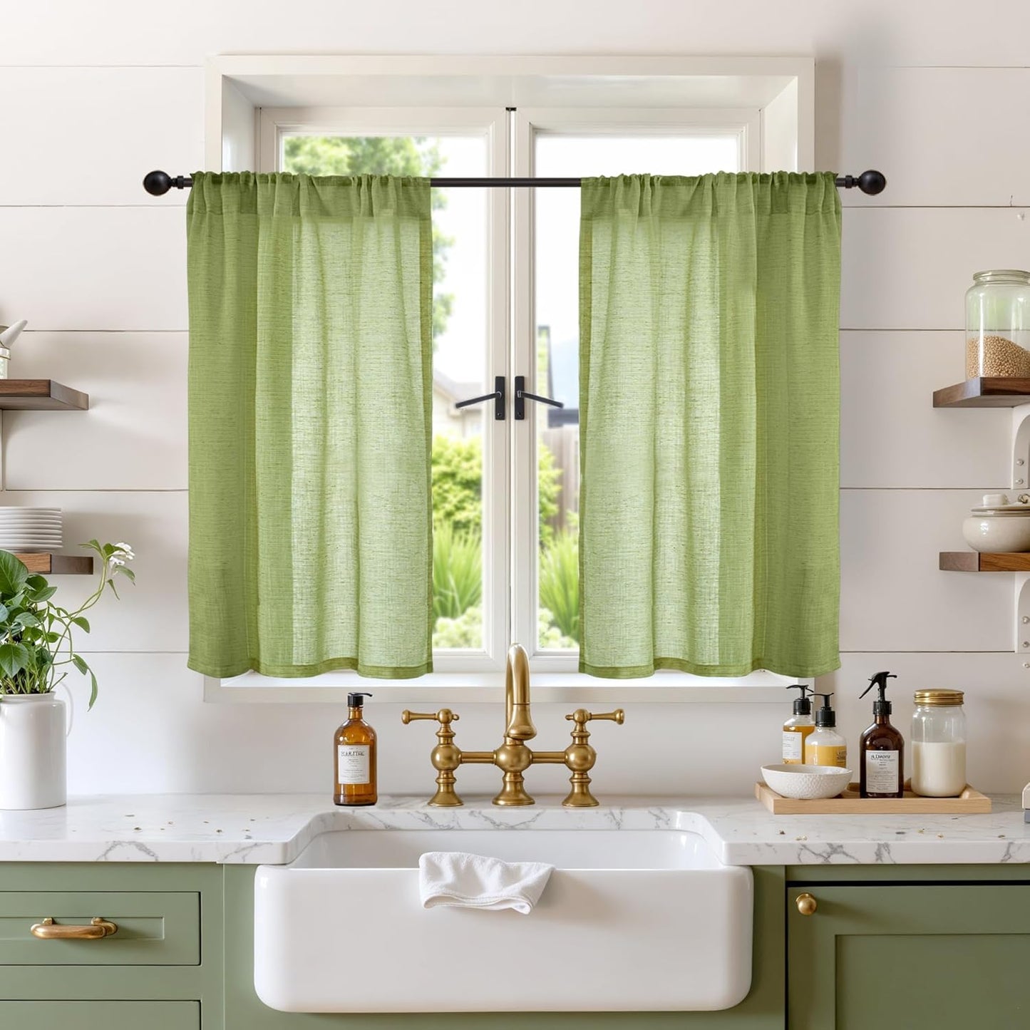 BGment Short Olive Green Curtains 36 Inch Length for Kitchen Cafe Window - Small Linen Drapes Rod Pocket Semi Sheer Textured for Bedroom Country Lightweight Natural Rustic, 2 Panels Set, 30 X 36 Inch