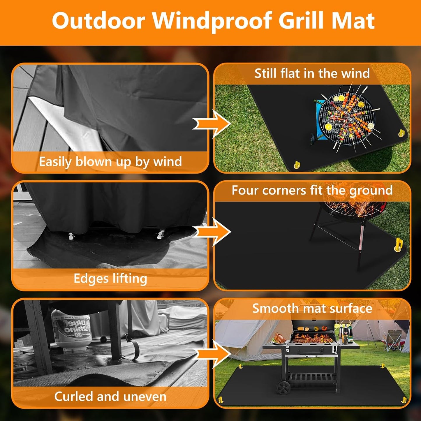 Grill Mats for Outdoor Grill, 70 X 40 Reusable Silicone Under Grill Mat, Heat Resistant BBQ Grilling Mat for Deck Protector Patio Floor Lawn (Windproof)