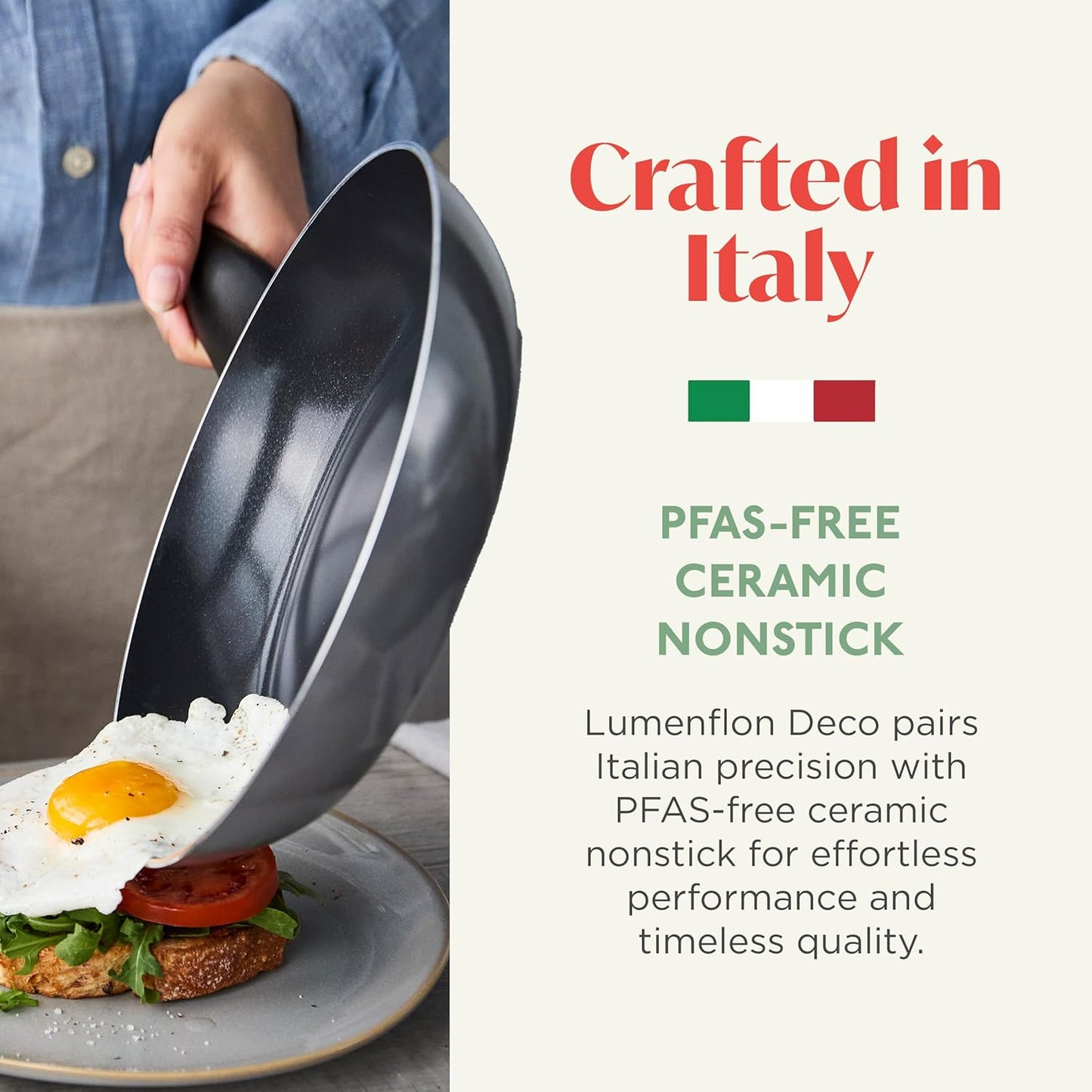 Deco 11” Nonstick Frying Pan Skillet, Made in Italy, Diamond Ceramic PFAS-Free, Dishwasher & Metal Utensil Safe, Durable Gloss Enamel Finish, Stay-Cool Handle, High Walls-Extra Room, Gray