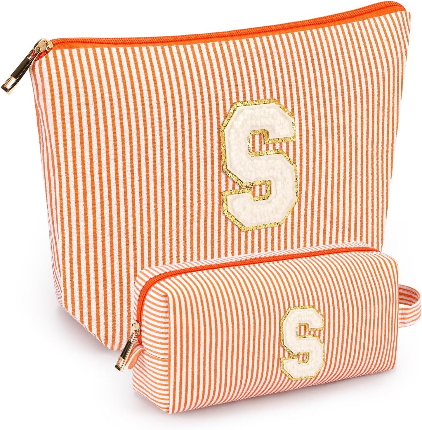 2 PCS Initial Makeup Bags for Women: Cosmetic Bag for Travel Toiletry - Birthday Gifts for 11 12 13 14 15 16 17 18 Years Old Girl Graduation Teacher Gift- Teen Girl Gifts Trendy Stuff - Orange S