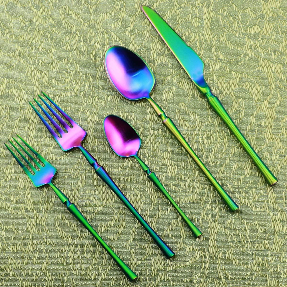 Gugrida Unique & Beautiful Flatware Set - 5 Piece Iridescent Silverware Sets | 18/10 Stainless Steel Reusable Cutlery Set | Rainbow Utensils Service For 1 with Dessert Fork, Knife, Spoon, Dinner Fork