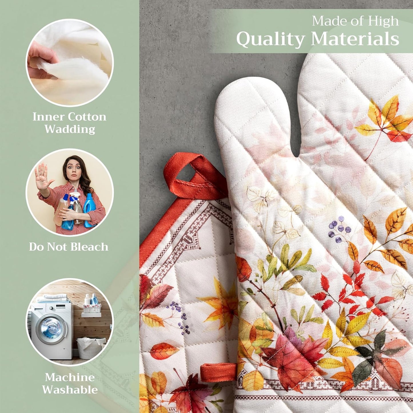 Maison d' Hermine 100% Cotton Oven Mitt & Pot Holder Set (7.5"x13" & 8"x8") Heat Resistant BBQ Cooking Gloves with Loop for Thanksgiving Christmas Decorations Handling Hot Pans (Amarante)