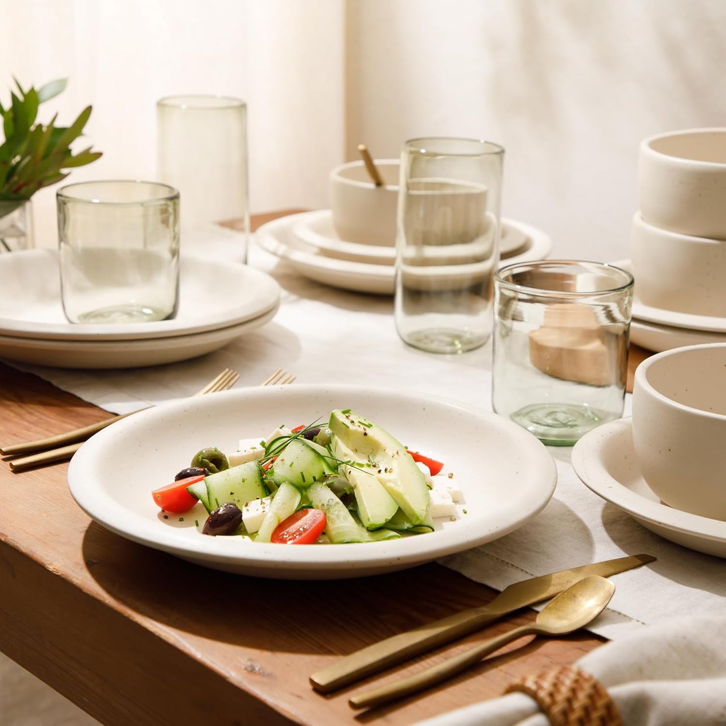 Bloomhouse Corsica Clay 12 Piece Stoneware Rustic Reactive Glaze Dinnerware Set - Stackable Plates and Bowls Set. Service for 4 - Matte Sea Salt White