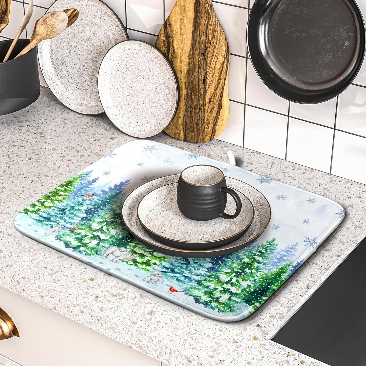 Watercolor Winter Dish Drying Pad Forest Kitchen Mat for Counter for Home Season Decor