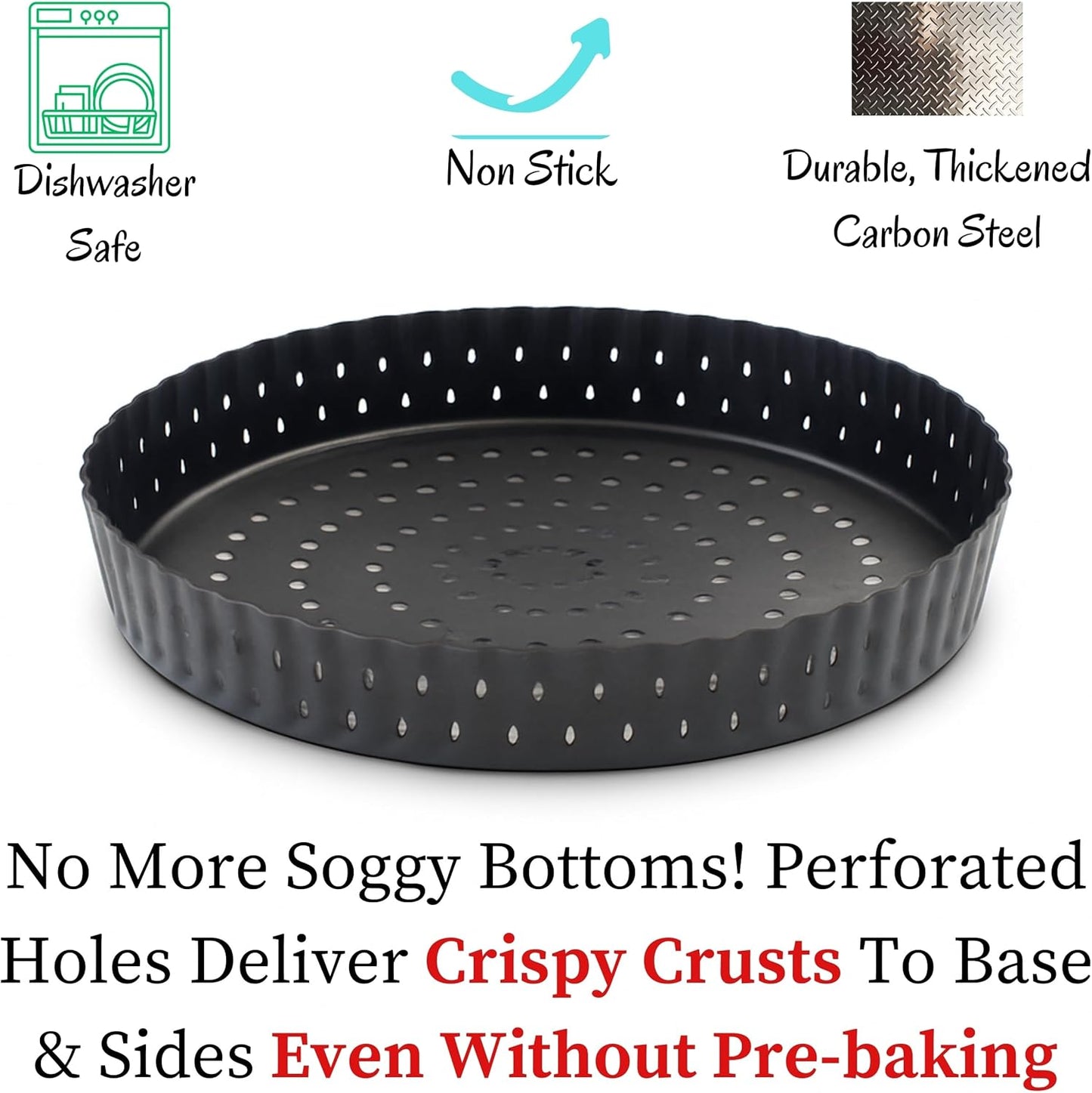 Why Holes: For The Crispiest Crusts. King Crispy's Tart & Quiche Pan. A Non-Stick, Removable Bottom, Dishwasher Safe, Perforated Fruit Tart Baking Tin (9 Inch X 1.25 Inch Shallow)