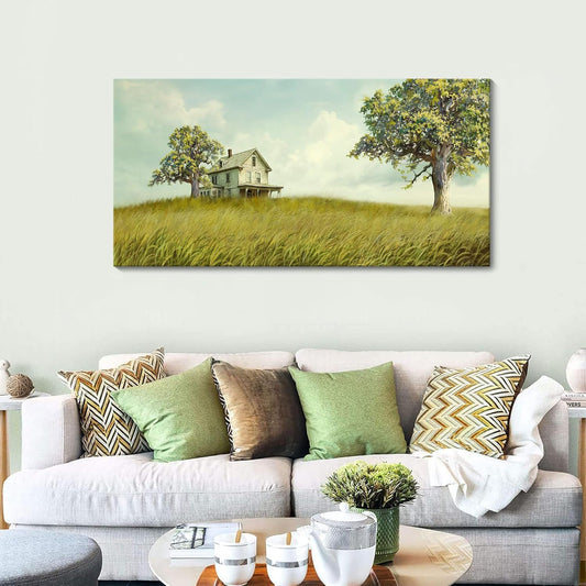 YCPRIMER Canvas Wall Art - Village Landscape Decor Retro Farmhouse Picture Yellow Tree Grassland Painting Artwork for Dinning Room,Living Room,Kitchen Decoration Size 24×48Inch