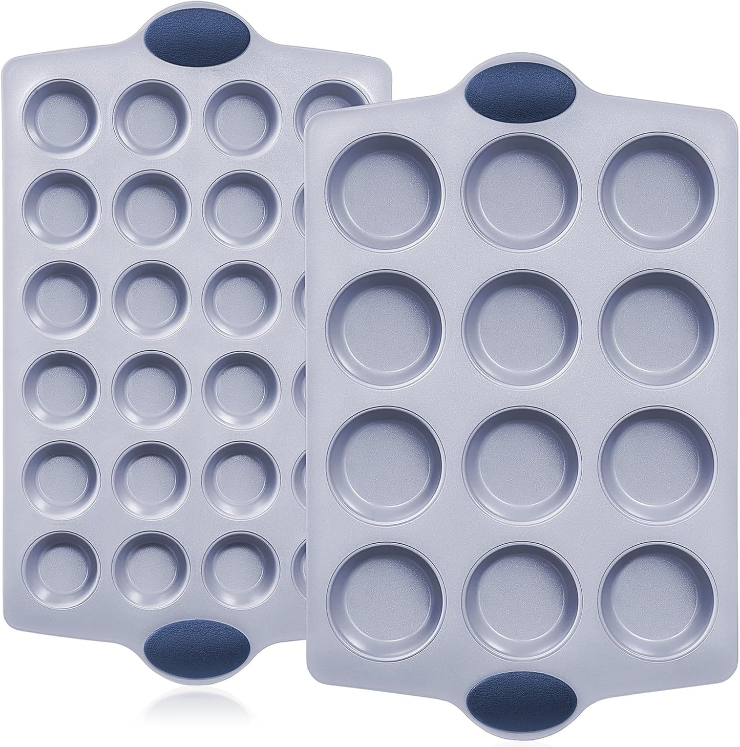 BRONYPRO Ceramic Muffin Pan, 12-Cup and 24-Cup Nonstick Aluminized Steel Mini Cupcake Pans, Healthy Non-Toxic Ceramic Coating Muffin Tin, 2 Pack Cup Cake Pans for Baking Blue