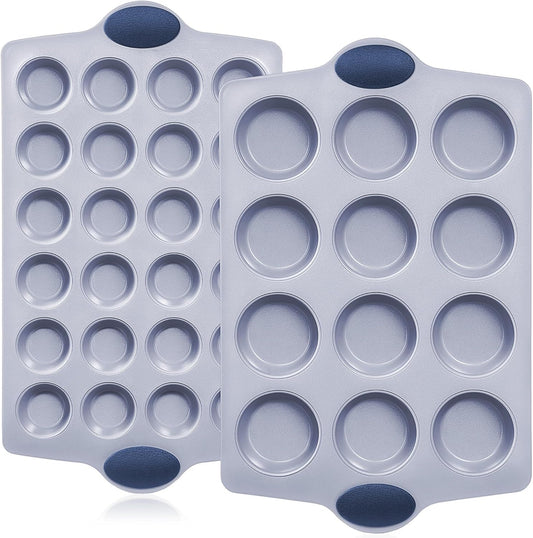BRONYPRO Ceramic Muffin Pan, 12-Cup and 24-Cup Nonstick Aluminized Steel Mini Cupcake Pans, Healthy Non-Toxic Ceramic Coating Muffin Tin, 2 Pack Cup Cake Pans for Baking Blue