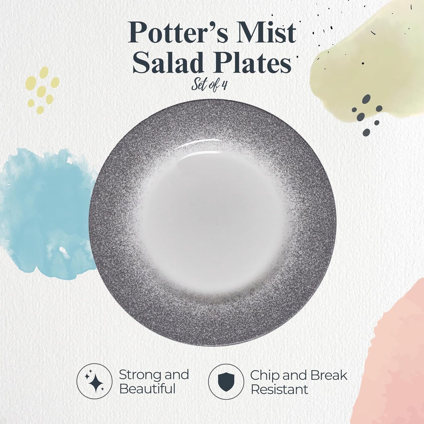 Portmeirion Potter's Mist 8" Dinner Plate (Set of 4) - Handcrafted Earthenware Plates with Accent Rim, Microwave & Dishwasher Safe - Ideal Tableware for Modern & Traditional Dining (Grey Mist)