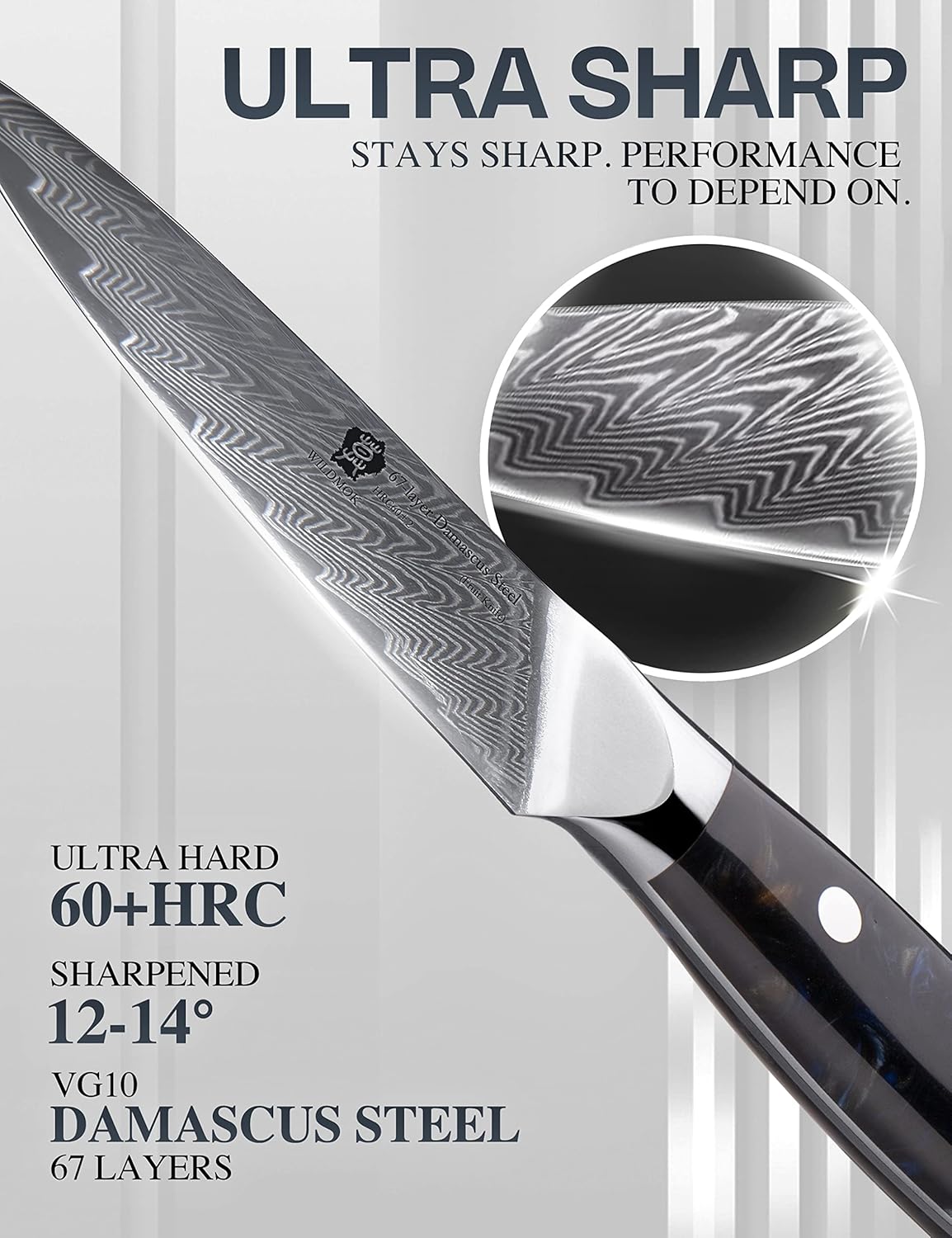 WILDMOK Damascus Paring Knife, 3.5 Inch Japanese 67-layers Damascus Steel, Professional Paring Knife, Ultra Sharp Blade Cooking Utility Knife, Full Tang Ergonomic Resin Handle