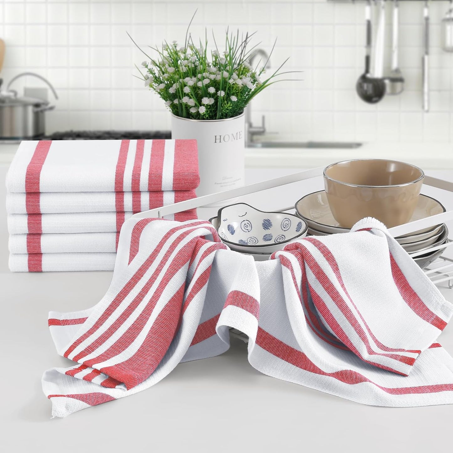 Homaxy Premium Kitchen Towels 18”x 28”, Large Cotton 380 GSM Kitchen Hand Towels, Stripe and Terry Dish Towel, Highly Absorbent Tea Towel Set with Hanging Loop, 8 Pack, Red