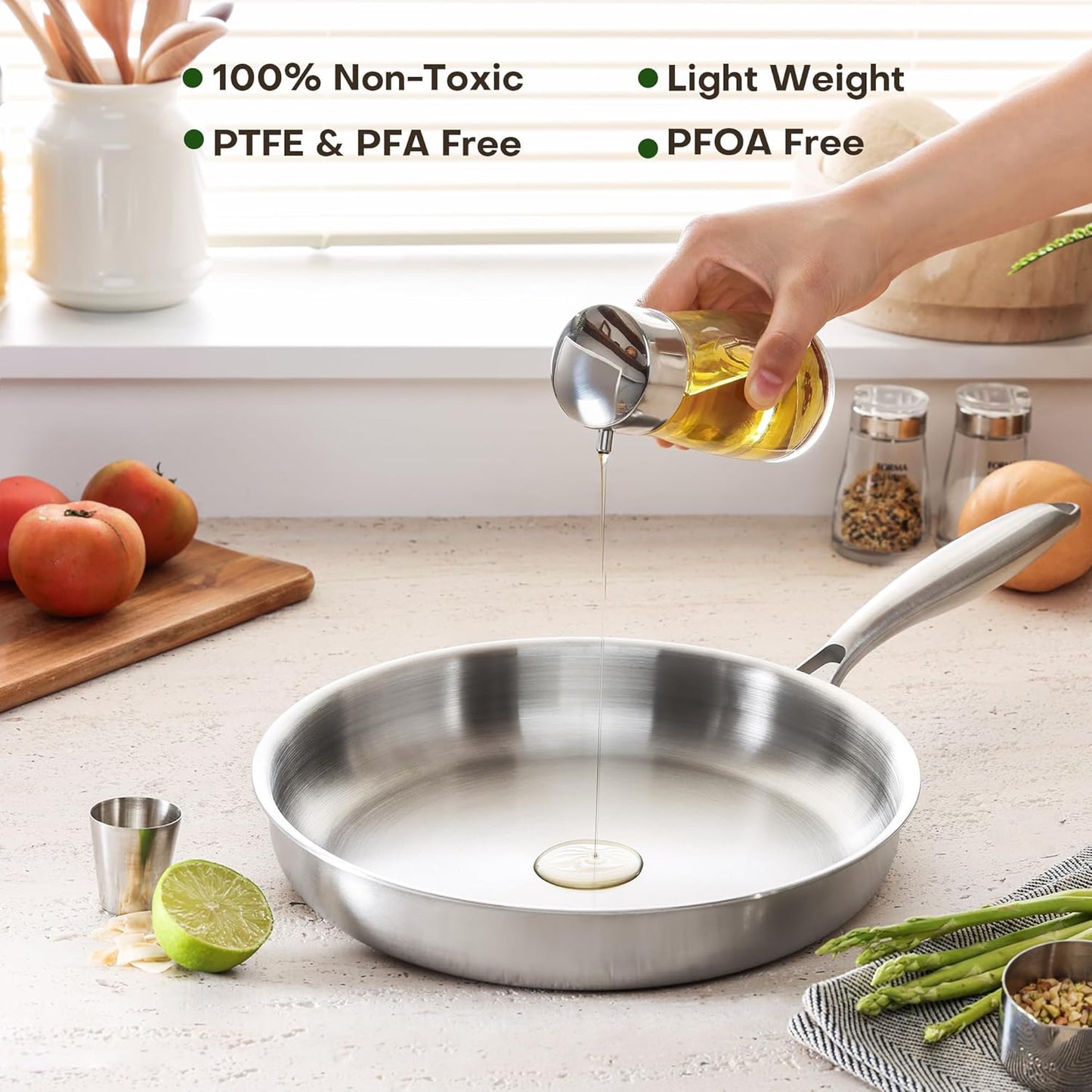 10 Inch Stainless Steel Frying Pan with Lid, Tri-Ply Healthy Stainless Steel Cookware, Pan, Skillet on Induction, Ceramic and Gas Cooktops, PFOA Free Cooking Pan, Dishwasher Safe