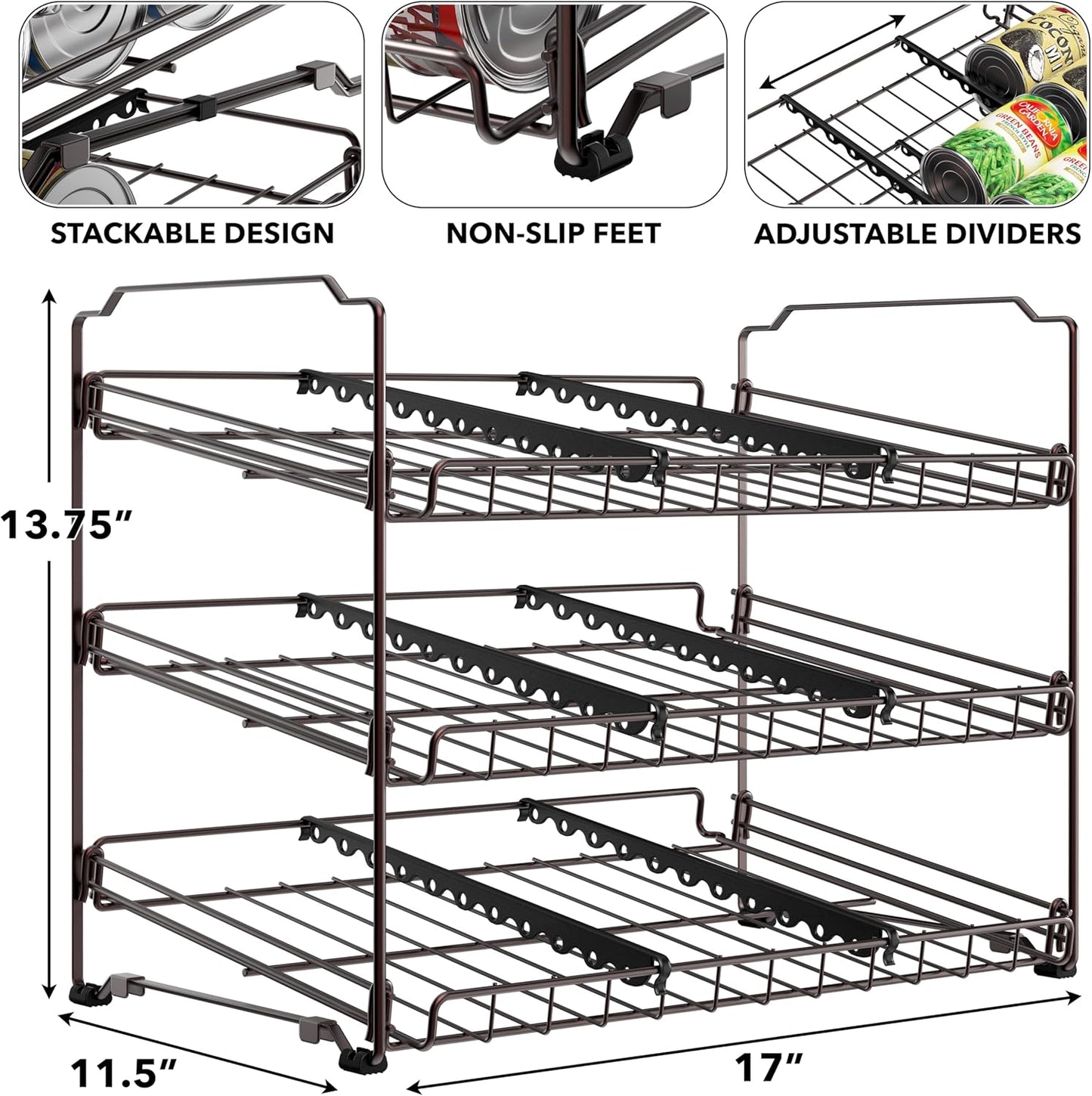 Simple Houseware Stackable Can Organizer Rack for Pantry/Cabinet – 11.5" D x 17" W x 13.75" H, Holds 36 Cans, 3-Tier Can Food Storage Dispenser, Bronze