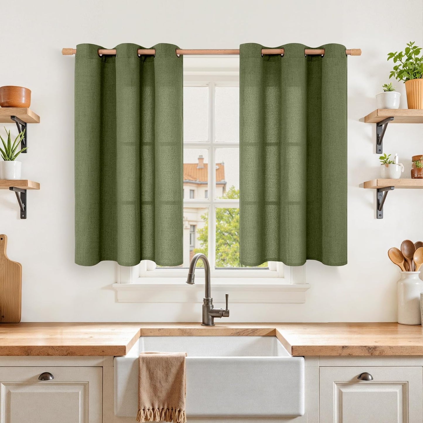 YoungsTex Olive Linen Curtains 40 Inches Length for Kitchen Window, Dark Green Textured Light Filtering Drapes Semi Sheer with Bronze Grommet for Bathroom Bedroom, 2 Panels, 42 X 40 Inch