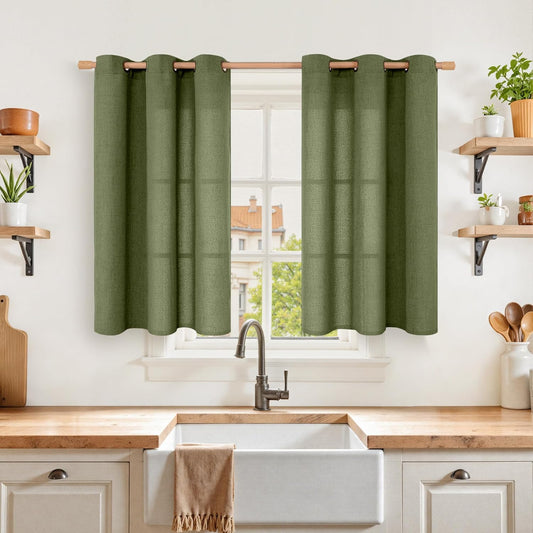 YoungsTex Olive Linen Curtains 40 Inches Length for Kitchen Window, Dark Green Textured Light Filtering Drapes Semi Sheer with Bronze Grommet for Bathroom Bedroom, 2 Panels, 42 X 40 Inch