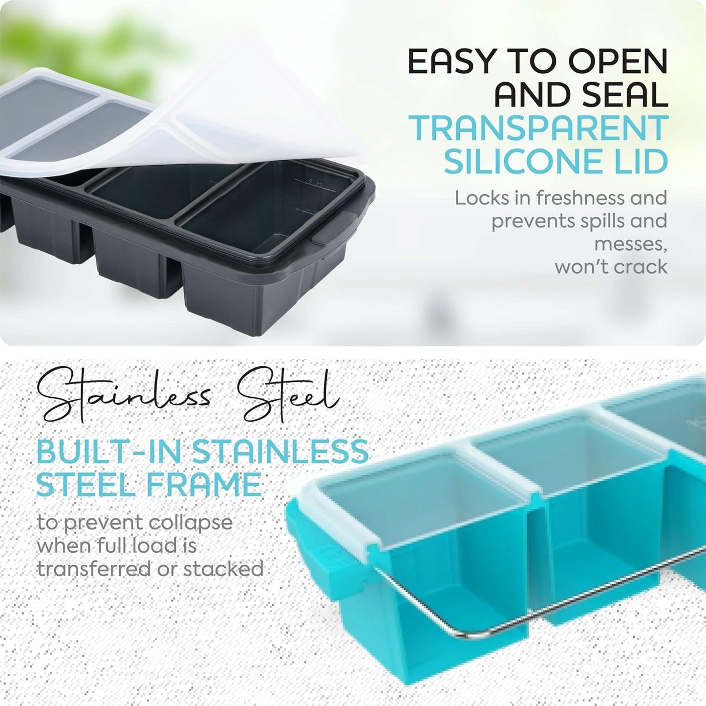 Silicone Freezer Tray With Lid - Soup Freezer Container molds - Large Ice Cube Tray- makes 8 perfect 1 cup portions cubes, 2-Pack Freezer Storage Food Soups & Meal Prep - Oven & Dishwasher -Safe