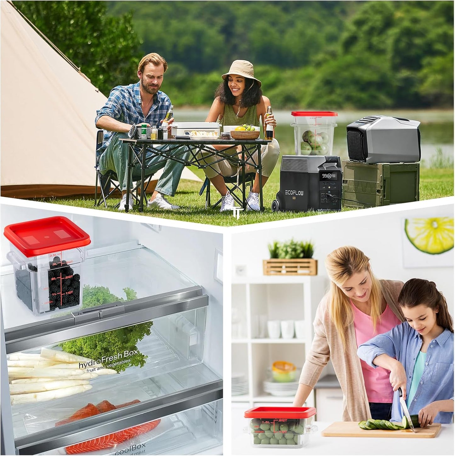 6 Quart Set of 4 Food Storage Containers,Food Containers with Lids and Handles,Square Commercial Food Containers for Kitchen, Restaurant，Refrigeration etc