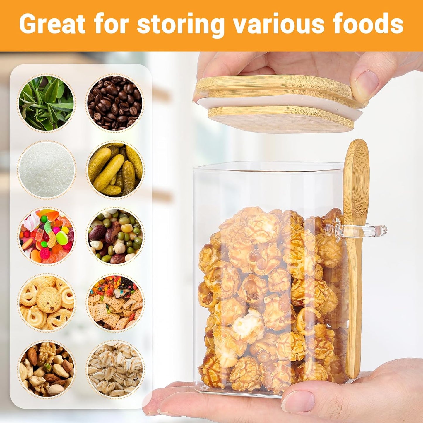 Glass Jars with Bamboo Lids and Spoons - 6 Pack 18 Fl.oz Square Glass Containers Set, Includes Labels and Marker, Clear Pantry Storage Container for Sugar, Coffee Bean, Flour, Tea, Cookies, Nuts
