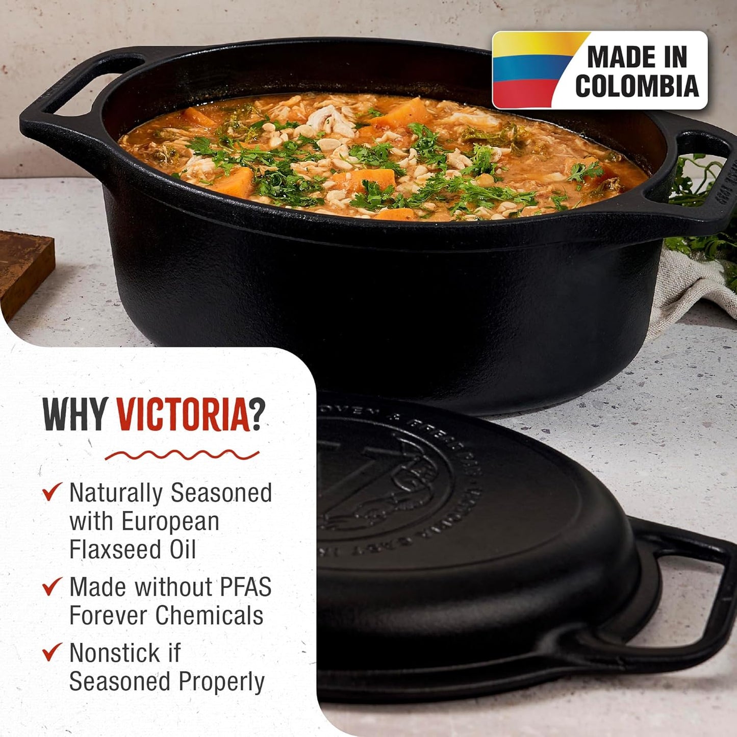 Victoria 6-Quart Cast Iron Oval Dutch Oven, Combination Combo Cooker Pot and Skillet, Bread Baker, Made in Colombia, 2-Piece Set