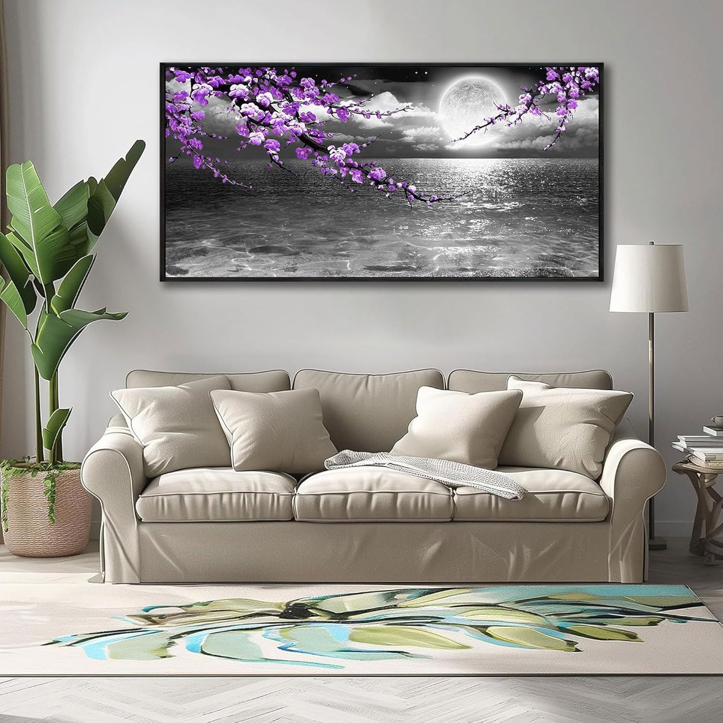 yiijeah Large Paintings for Living Room - Purple Wall Decor Plum Blossom Moon Ocean Canvas Picture Framed Artwork Black and White Seascape Wall Art Home Bedroom Decoration