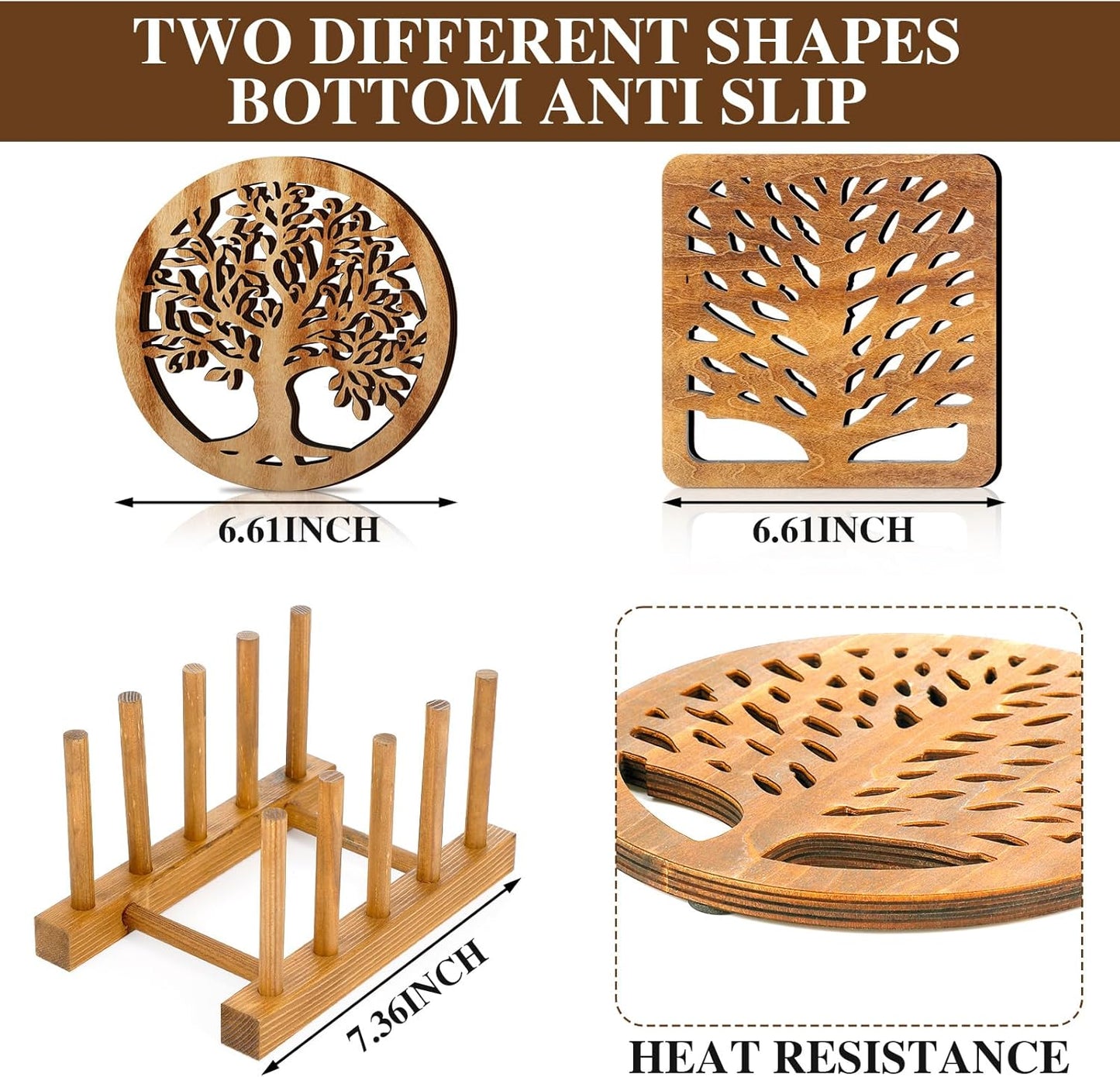 5 Pcs Life Tree Wooden Trivets with Storage Rack Hot Pads Trivets for Hot Dishes Pots and Pans Heat Resistant Mat Set Tea Pot Holders for Kitchen Dining Table(Light Wood)