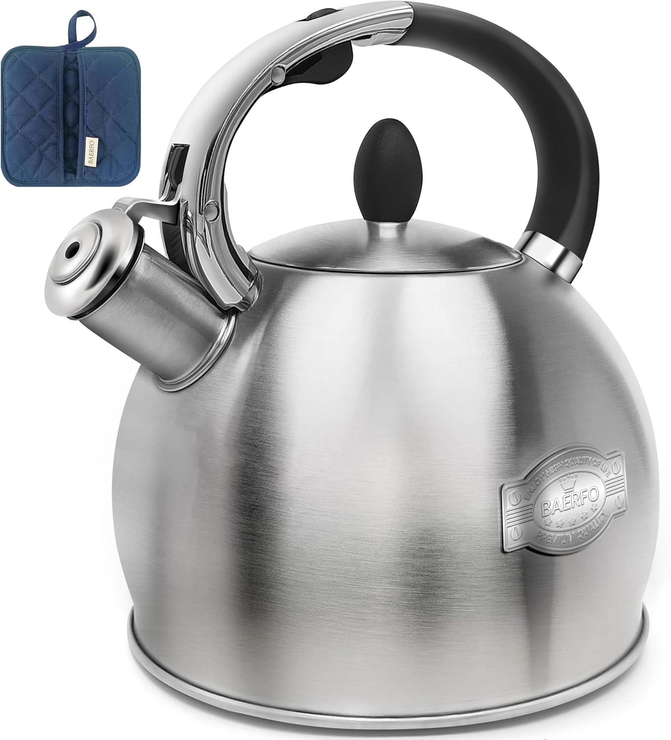 Stainless Steel Whistling stovetop Kettle,Whistling Tea Kettle,Vintage-StyleTeapot for Stove,Durable and Rust-Resistant,With a Pot Holder Included,2.64 Quart(Brushed Style)