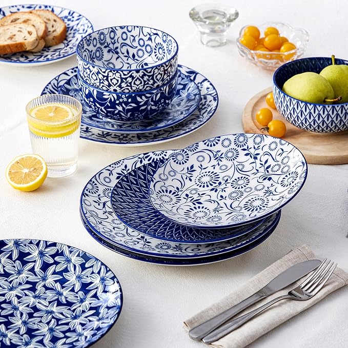 vancasso SELENE Plates and Bowls Set for 4, 12 Pieces Dinnerware Sets, Mircowave and Dishwasher Safe Dishes Set, Porcelain Blue Dinnerware