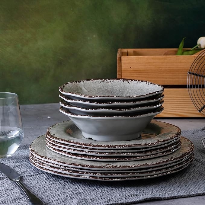 LEHAHA Farmhouse Melamine Dishes Dinnerware Set, 12 Piece Rustic Plates and Bowls Great for Picnic, Camping, Service for 4, Reusable and Dishwasher Safe, Indoor and Outdoor Use