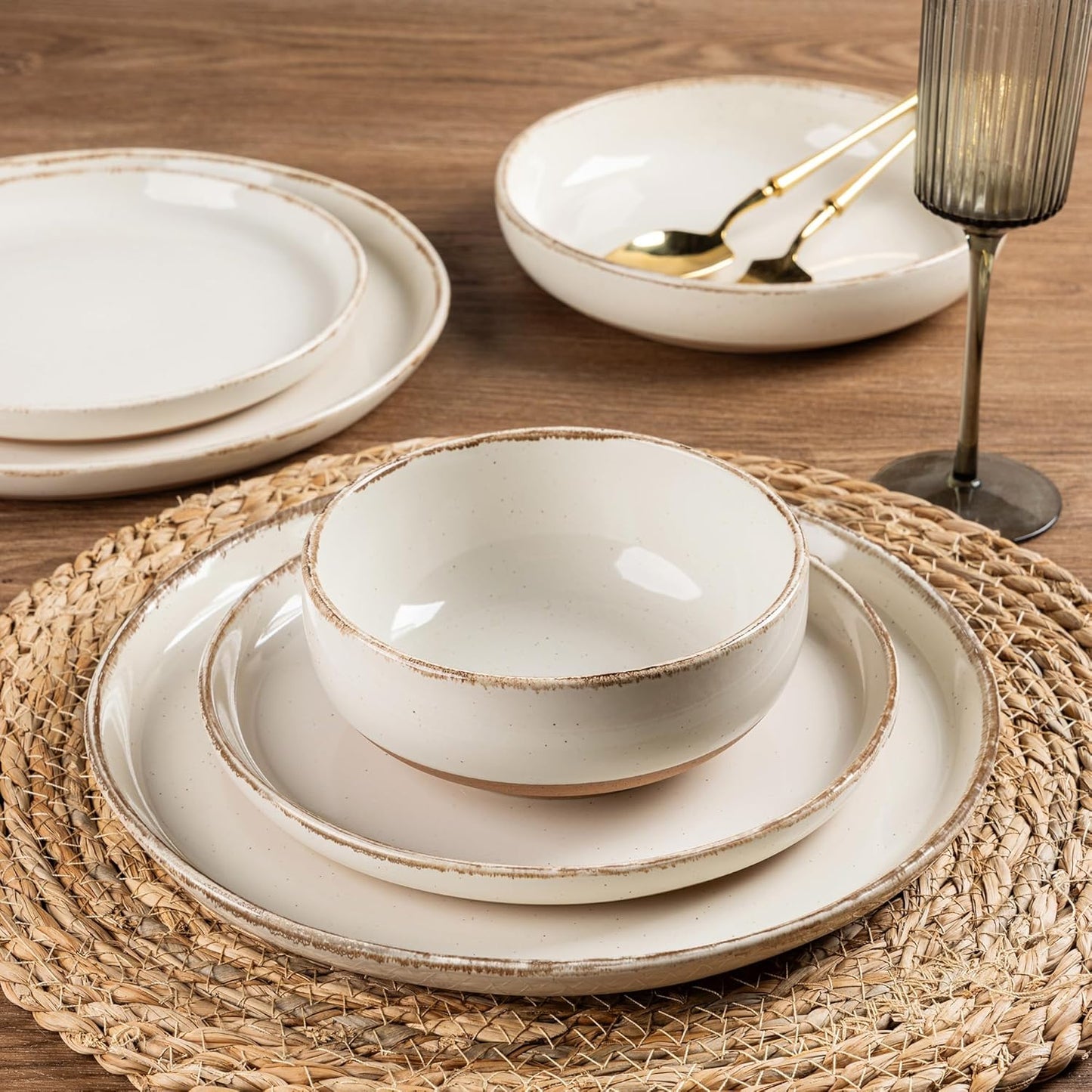 AmorArc Ceramic Dinnerware Sets with Pasta Bowls for 6, Handpainted Plates and Bowls Set with Rustic Terracotta Underside, Scratch Resistant Dishes Set, Dishwasher & Microwave Safe, 24 Pcs