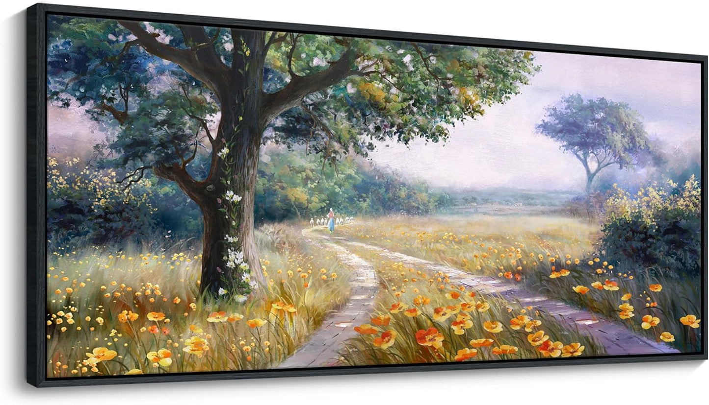 CHATYOUNG Large Landscape Wall Art, Rustic Wildflowers Way Home Yellow Green Pictures Farmhouse Canvas Painting Framed Artwork for Bedroom Living Room Kitchen Home Office Wall Decor 71"x32"