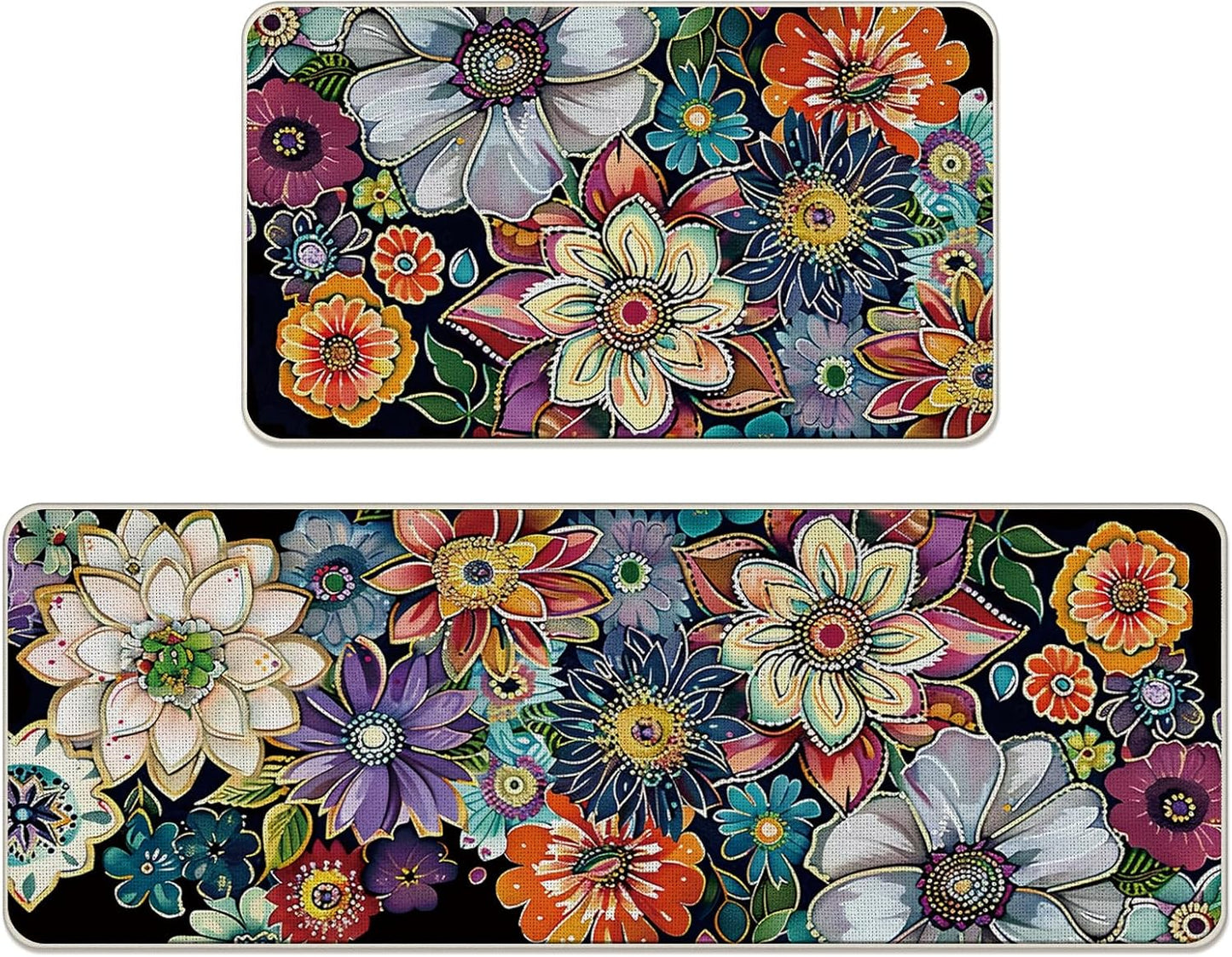 Boho Vintage Floral Kitchen Rugs Set of 2, Colorful Retro Flowers Floor Mats Decor, Bohemian Botanical Door Mat Home Decorations - 17x29 and 17x47 Inches