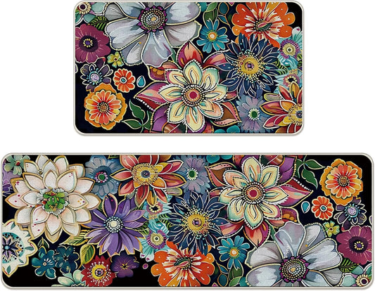 Boho Vintage Floral Kitchen Rugs Set of 2, Colorful Retro Flowers Floor Mats Decor, Bohemian Botanical Door Mat Home Decorations - 17x29 and 17x47 Inches